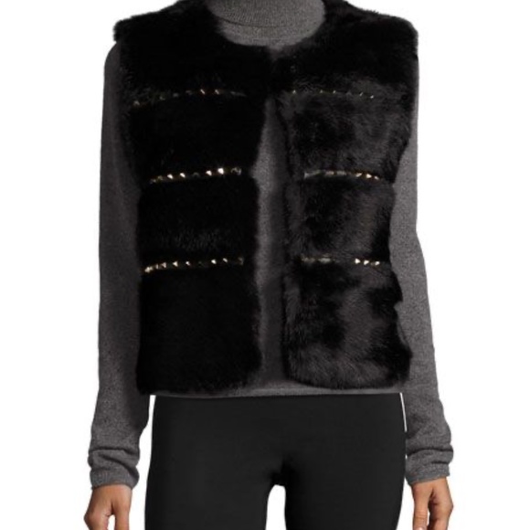 Love Token Women's Studded Black Rabbit Fur Vest - Picture 1 of 8
